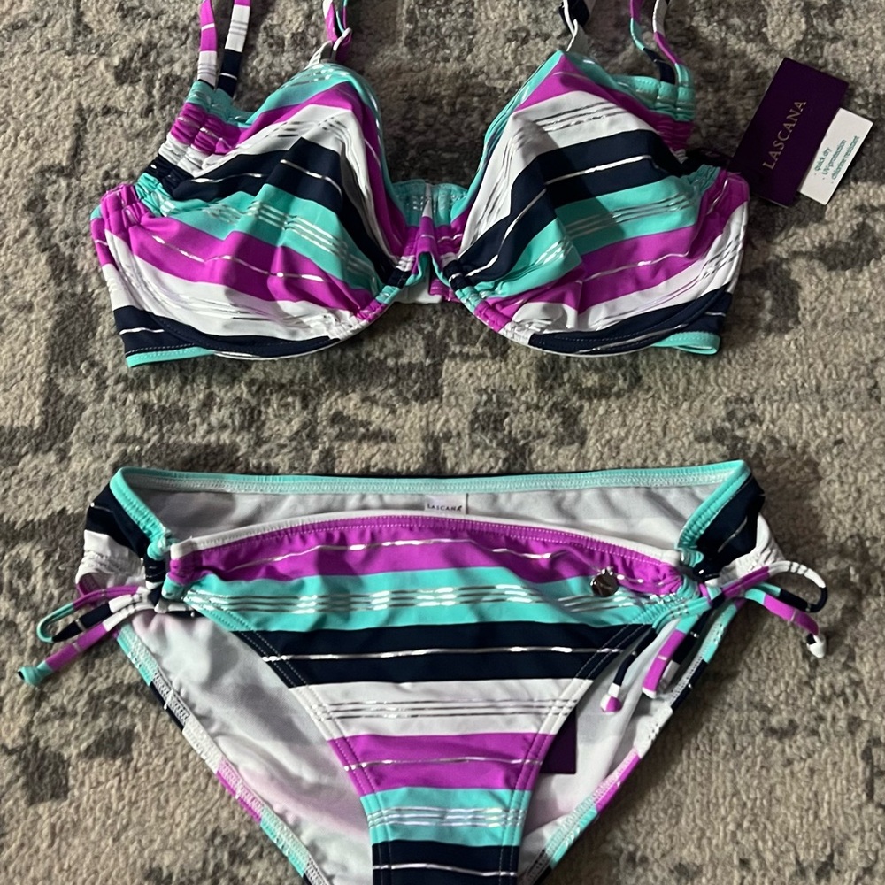 Lascana Swimwear Striped Bikini - Purple, Teal, Black, White